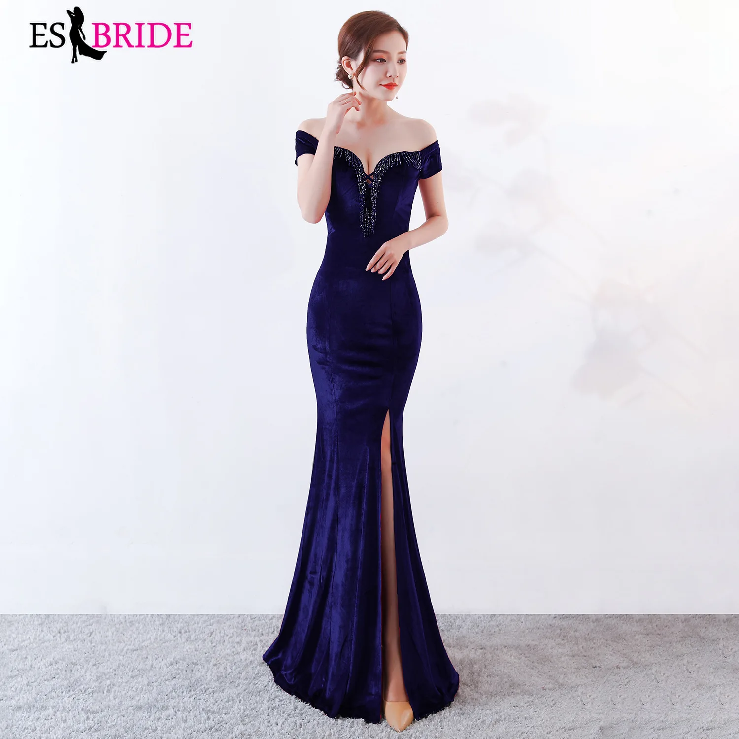 

Robe De Soiree Sexy Velour Evening Dresses ES2891-1 V Neck Design Elegant Off The Shoulder Winter Autumn Velvet Evening Gowns