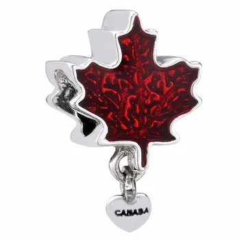 

New 925 Sterling Silver Bead Charm Red Enamel Maple Leaf With Canade Love Heart Pendant Beads Fit Pandora Bracelet Diy Jewelry