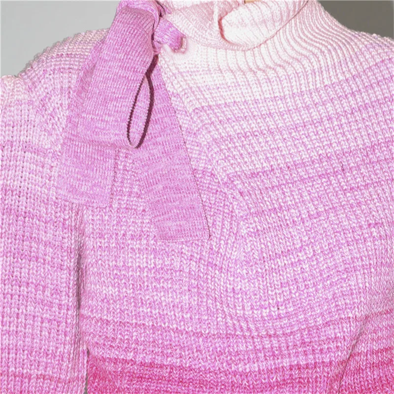 Женский вязаный свитер большого размера, водолазка, на шнуровке, с пышными рукавами, в стиле пэчворк, пуловеры для женщин,, Осень-зима, мода X701