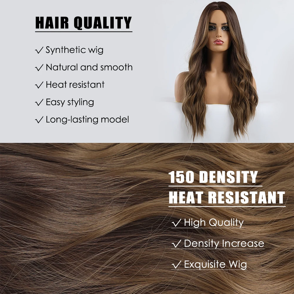 EASIHAIR Long Brown Ombre Synthetic Wigs for Women Natural Hair Wavy Wigs Ash Brown Blonde Heat Resistant Female Wig Cosplay