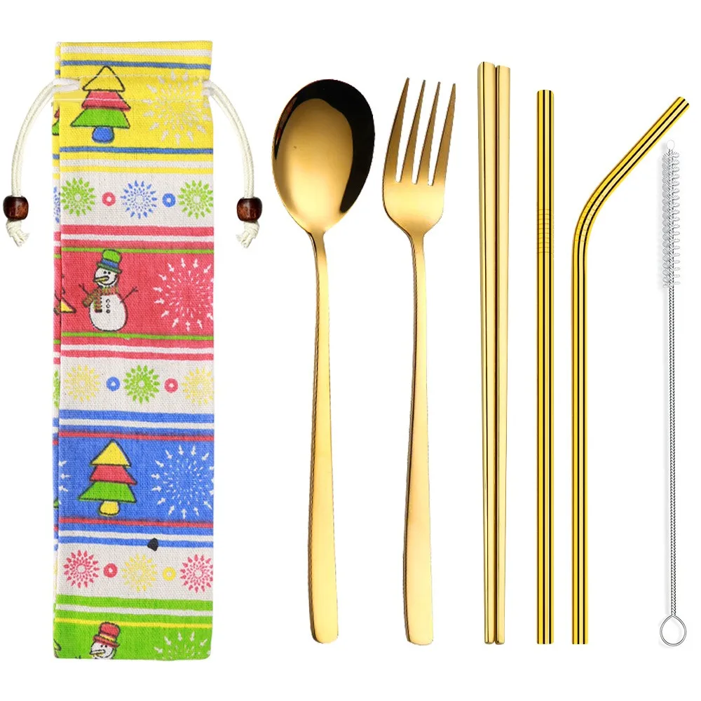 6Pc/set Creative Stainless Steel Cutlery Set Spoon Fork Chopsticks Straw Brush Color Linen Bag Set Korean Spoon Fork Straw Set