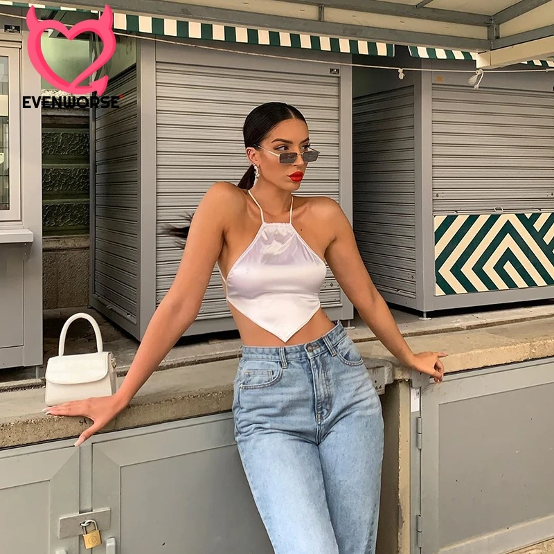 

Evenworse Sexy Backless White Crop Top Women Fashion Bandage Strap Halter Solid Tank Top Slim 2020 Summer Party Club Bustier