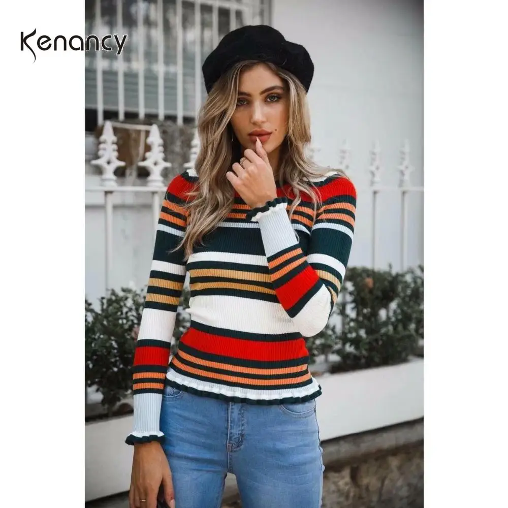 Kenancy Women Pullovers Color Tight Stripe Ruffle Woollen Sweater Long Sleeve O-Neck Knitted Female Autumn Jumper | Женская одежда