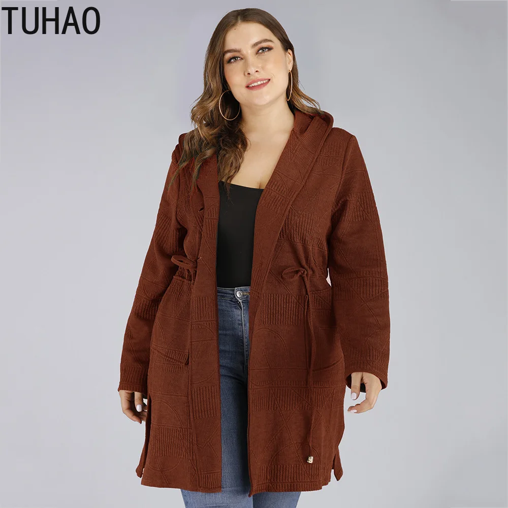TUHAO большой размер 5XL 4XL 3XL Женский Тренч с капюшоном на талии Свободный Повседневный с длинным рукавом подиумный свитер, пальто, одежда WM02