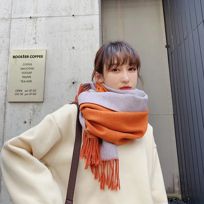 Orange grey Вязаные зимние женские шарфы, одноцветные теплые кашемировые шарфы, шали, утолщенный мягкий длинный, унисекс, шарфы, удобные, трендовые - Цвет: Orange grey