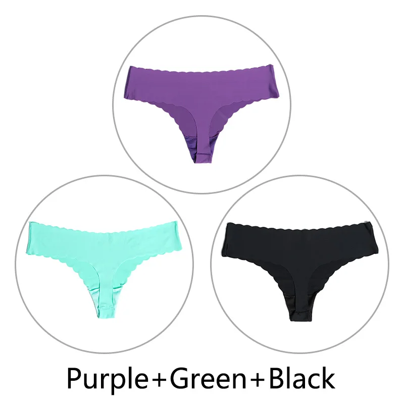 Purple Green Black 3 шт./партия ультра-тонкий открытый Шелковый бесшовный стринги с низкой посадкой, цельные сексуальные трусики-стринги, нижнее белье для женщин, танга XS-L, американский размер - Цвет: Purple Green Black