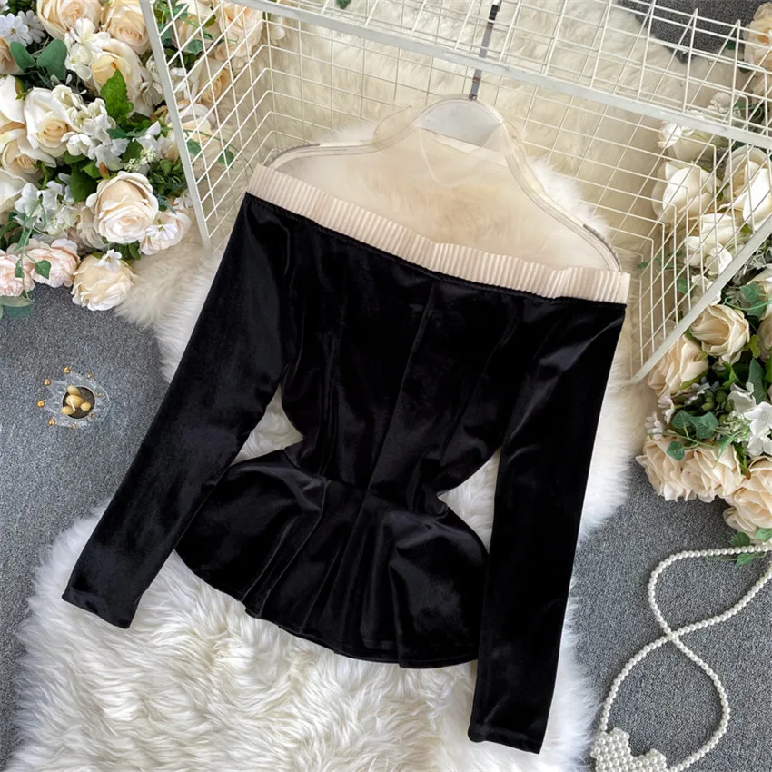 New Autumn Women Gold Velvet Blouse Girl Mesh Patchwork Shirt Spring Long Sleeve Blousas Basic Tops Pullovers Bottomings WZ1268 5