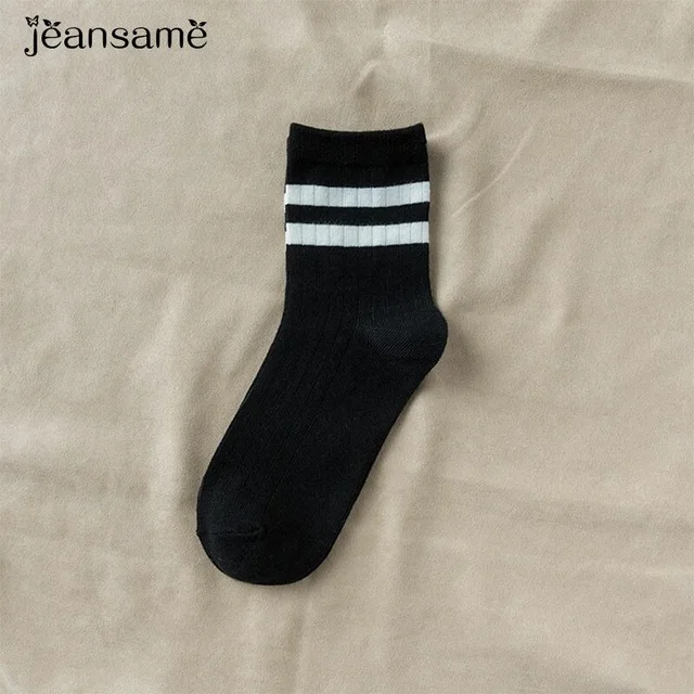 Double stripe Black Однотонные хлопковые трендовые теплые женские носки с черным принтом, короткие женские носки в полоску, Харадзюку, желтые носки, уличная одежда, хипстерские носки - Цвет: Double stripe Black