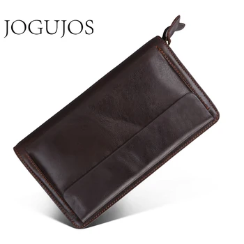 

JOGUJOS Men Genuine Leather Wallet Long Double Zipper Wallet Male Busniess Wallets Handbag Clutch Bag Coin Purse Card Holder