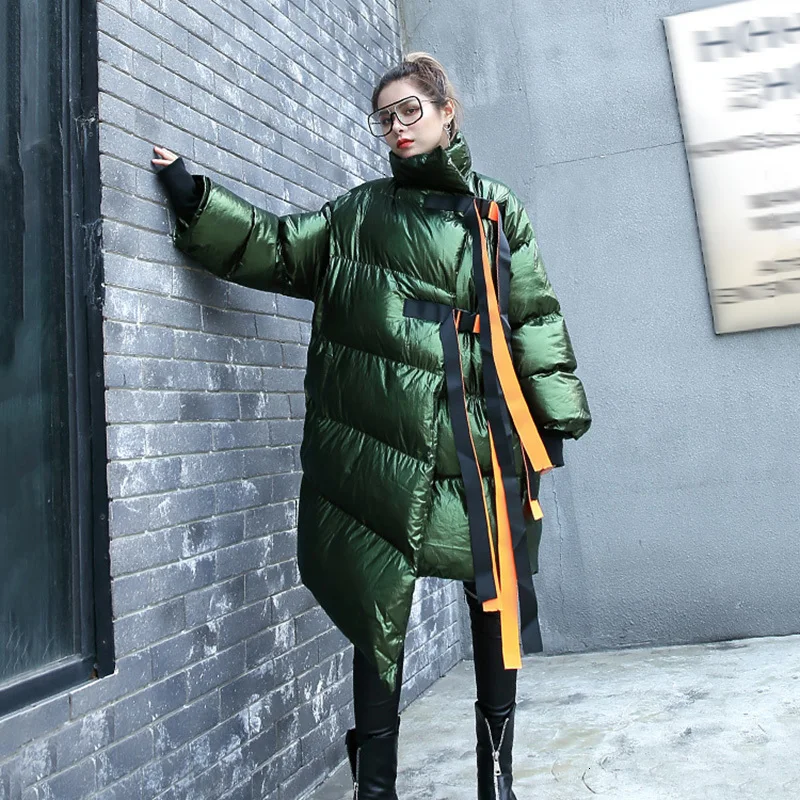 Size Plus Harajuku Winter Long Sleeve Ribbon Patchwork Cotton Padded Coat Female Irregular Hem Long Coat Women Parkas JJ77