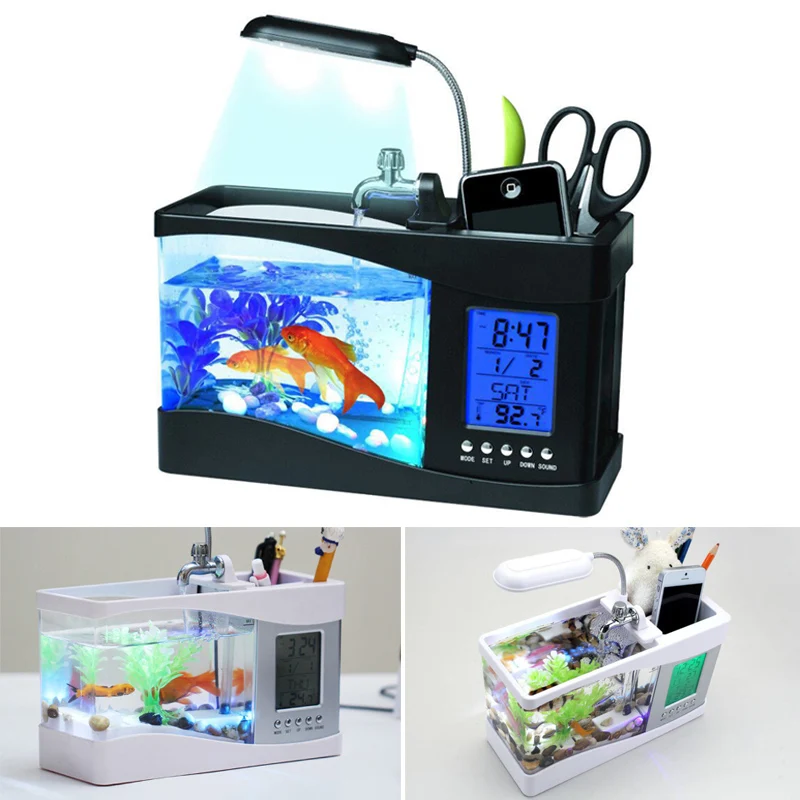 

USB Desktop Mini Fish Tank Aquarium with LED Clock Table Decor Organizer PI669