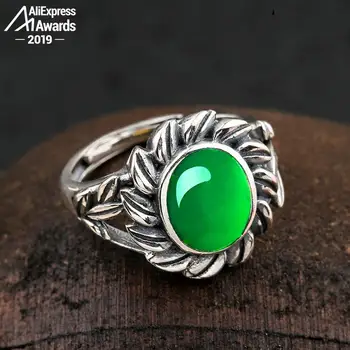 

10*8mm 6.18 Sale S925 Sterling Silver Australia Emerald Rings Jade moldevite Chinatown oriental Retro Chalcedony Jade