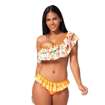 

Yellow Flower Bikini Plus Size Female Bather High Waist Swimsuit Sexy Brazilian Bathing Suit Swimming Women Swimwea