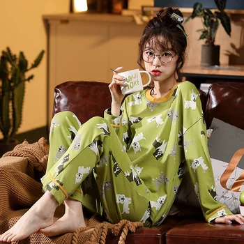 

BZEL Knitted Cotton Cartoon Pajamas Set Women Winter Pyjamas Sleepwear Nightwear Pijama Mujer Plus Size Tops Pants Homewear Big