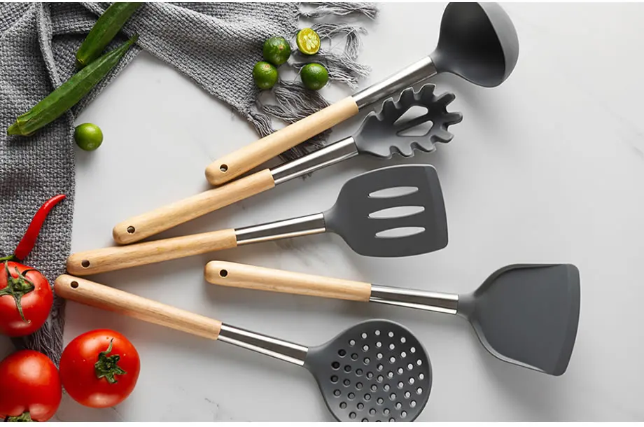 6 шт силиконовые инструменты для приготовления пищи набор кухонных принадлежностей с держателем лопатка с горизонтальными прорезями лопатка для макарон суп сервировка большая ложка