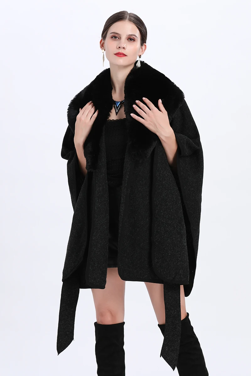 5 Colors Women Outstreet Poncho Wear Winter Thick Cardigan Big Rabbit Fur Turn-down Neck Long Cloak Front Tie Belt Loose Coat