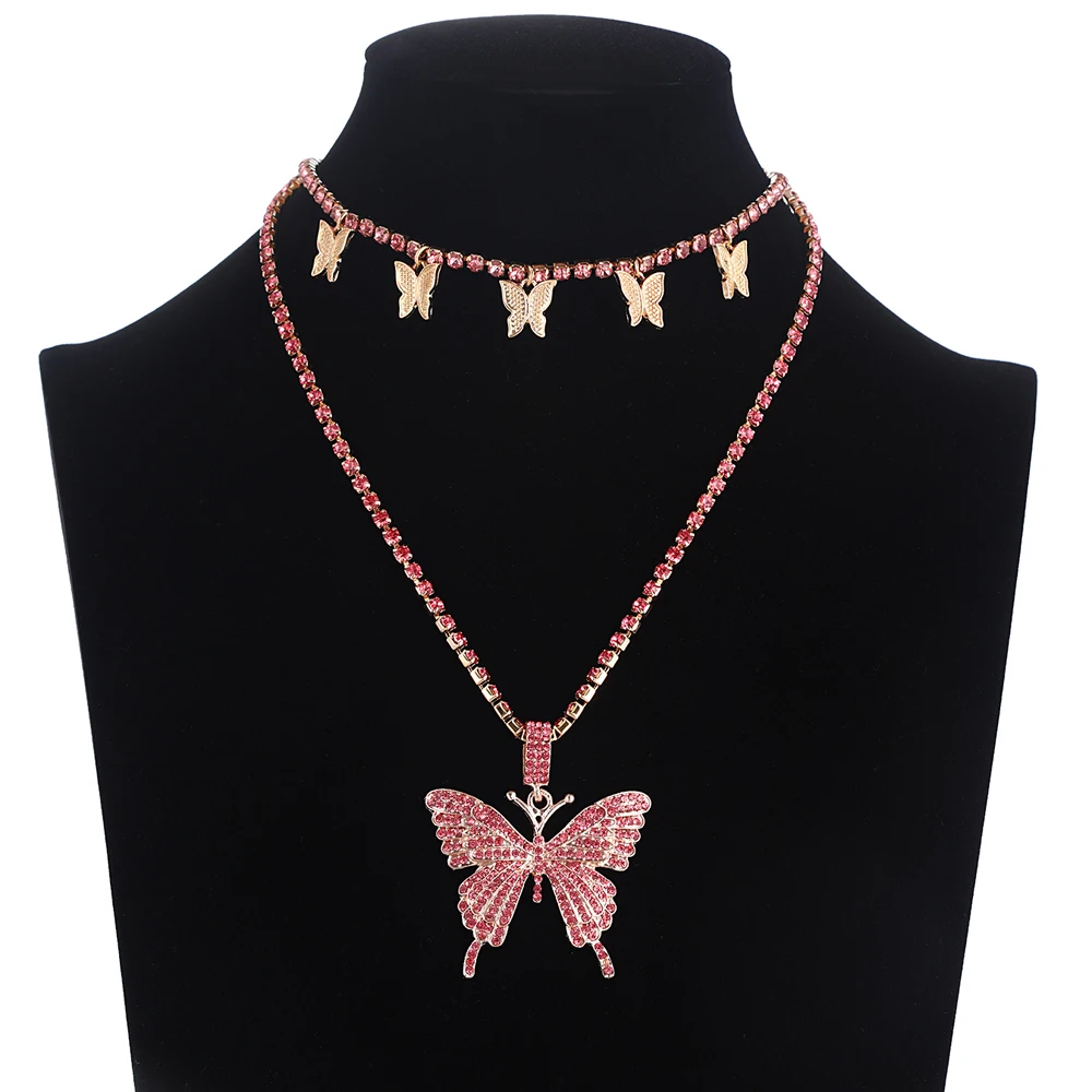 Layered Butterfly Necklace Chain Set Luxury Rhinestones Choker Women Jewellery Pendant Statement Fashion Jewelry Bulk Wholesale - Image 2