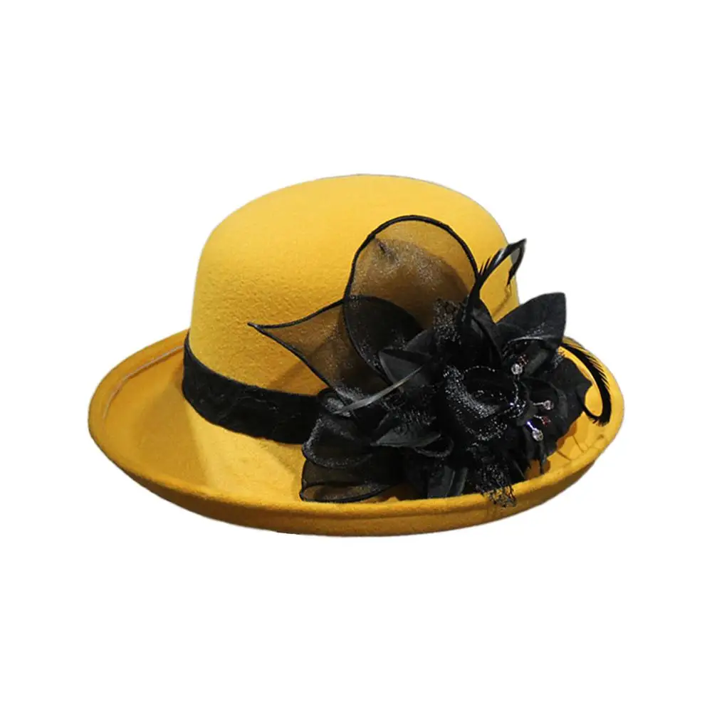 Женская шляпа-котелок в стиле ретро из искусственного фетра с широкими полями, элегантная однотонная Съемная шапка-котелок с перьями и цветком для свадебной церкви, зима-осень - Цвет: Y