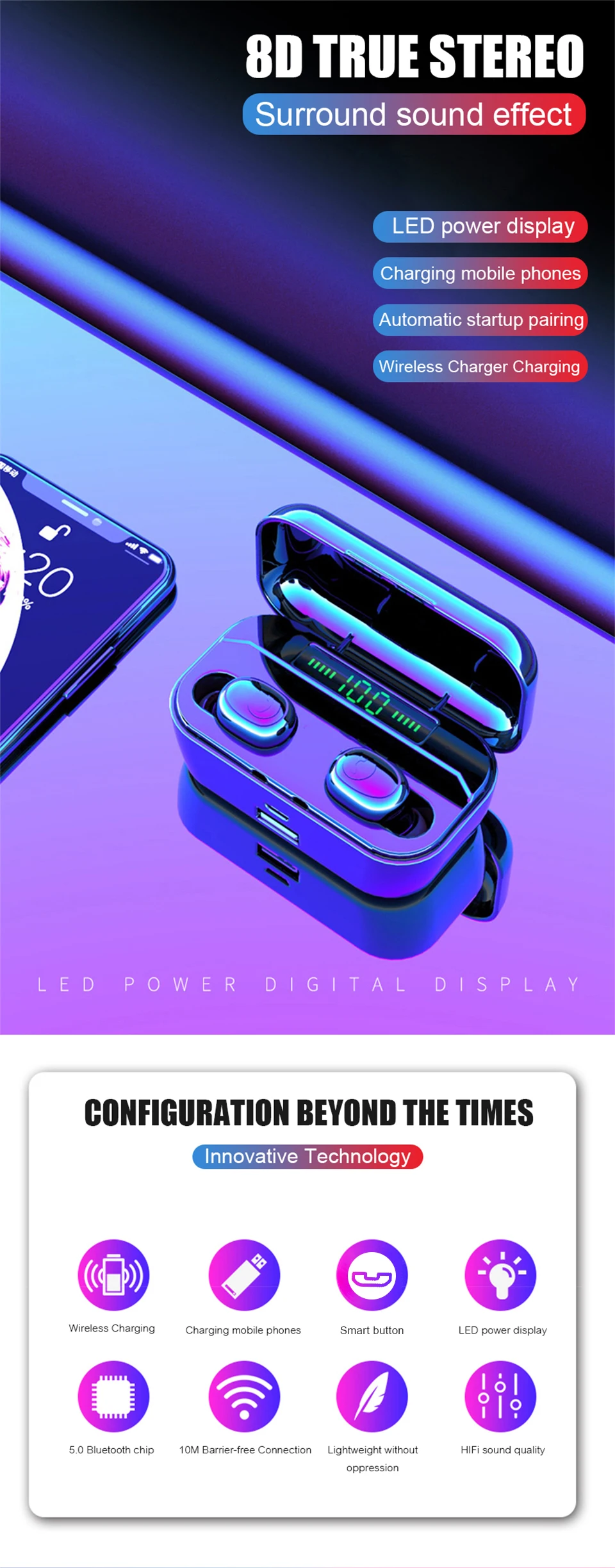 Bluetooth гарнитура, 8D стерео Спортивные Беспроводные наушники, мини TWS гарнитура, 3500 мАч, водонепроницаемая гарнитура
