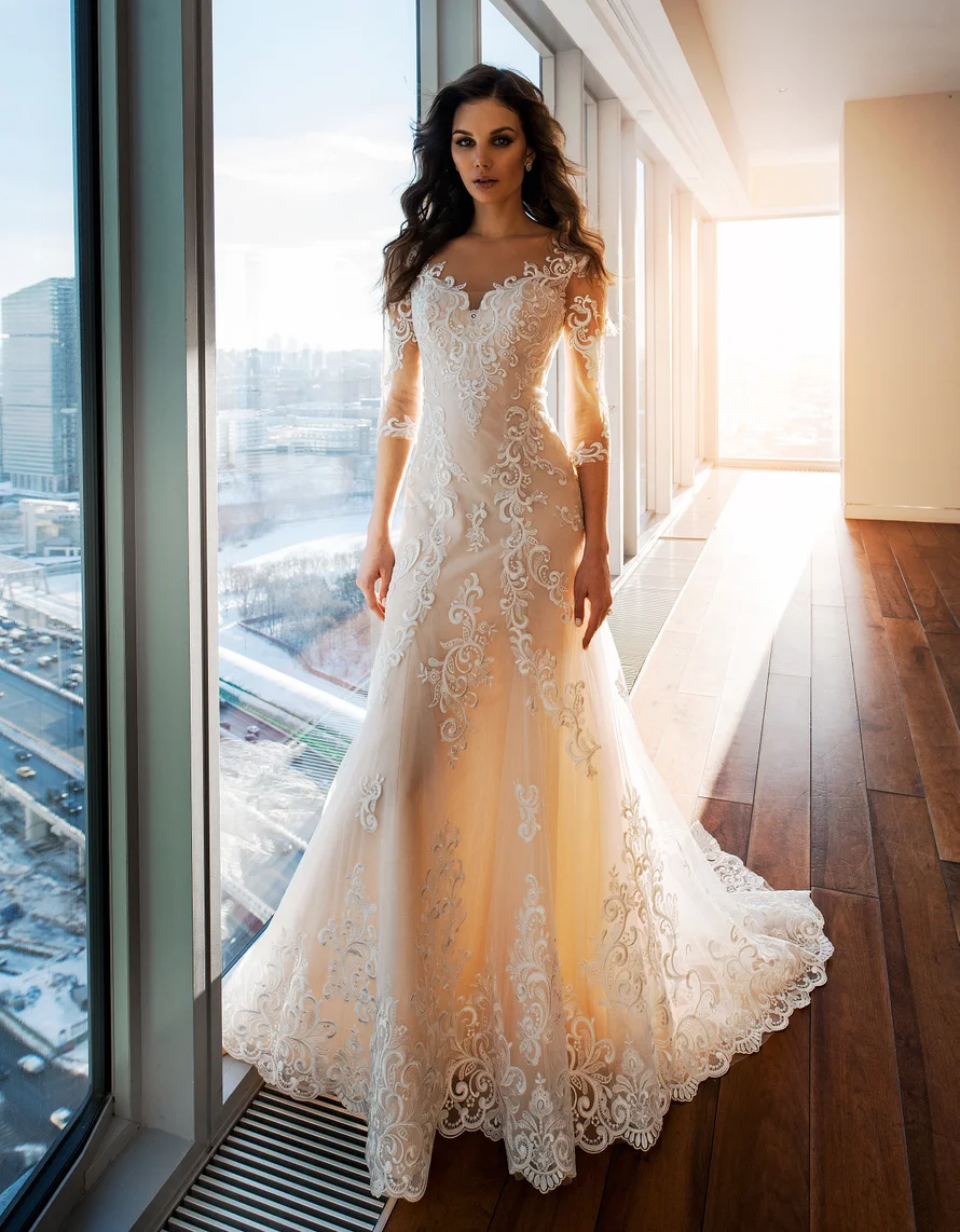 Кружевное Тюлевое свадебное платье-русалка платье с рукавом до локтя и