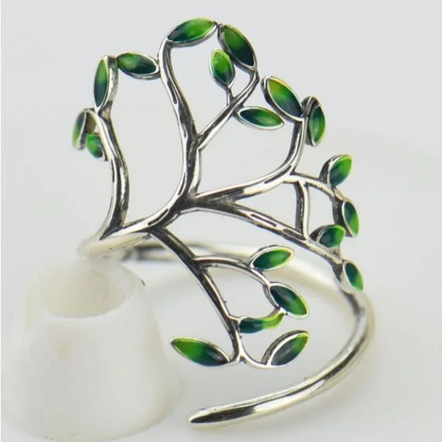 Мода 925 стерлингового серебра ручная роспись глазурованная зеленая листовая ветви дизайнерское Открытое кольцо для женщин каменные кольца ювелирные изделия