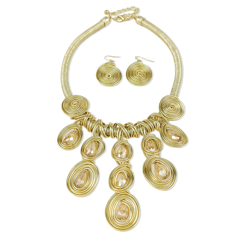

MANILAI Handmade Metal Gold Color Chain Crystal Necklace & Pendant Wedding Jewelry Sets Fashion African Necklaces Earrings Set