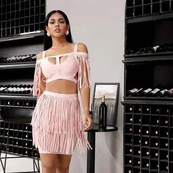 

2020 New Women's Bandage Two-piece Sexy Spaghetti Hollow Fringe Top & Mini Skirt Runway Club Party Set Vestidos