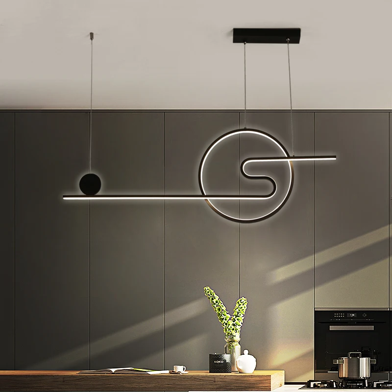 LED Chandelier White Black Gold Dining Room Round Hanging Light Restaurant Bar Coffee Shop Minimalist Modern Long Pendant Lamp
