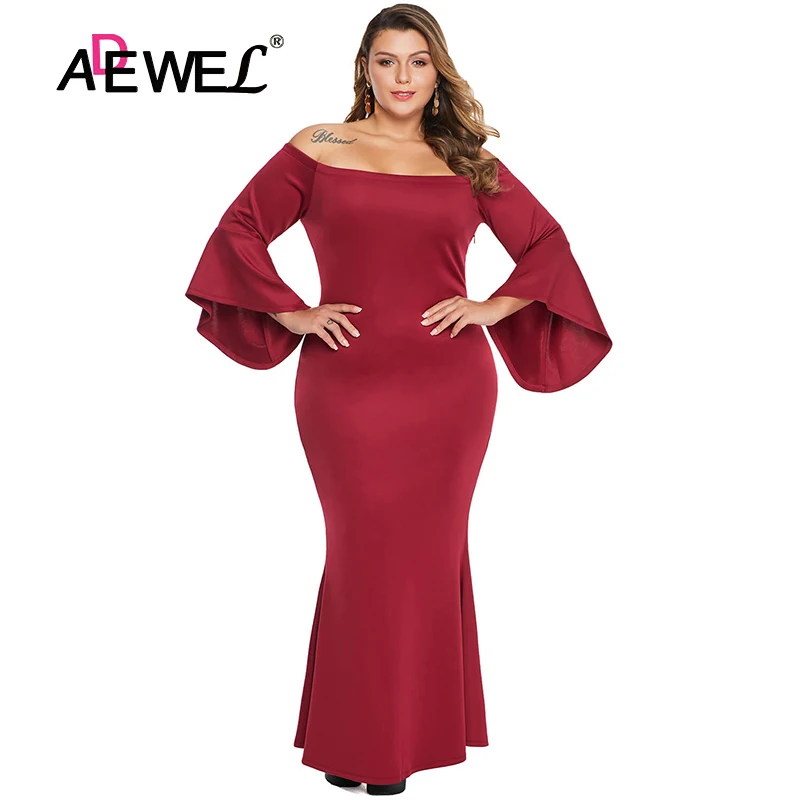 

ADEWEL Red Plus Size Off Shoulder Flare Sleeve Maxi Dress One Shoulder Solid Color Wrapped Hip Push Up Woman Party Night Dresses