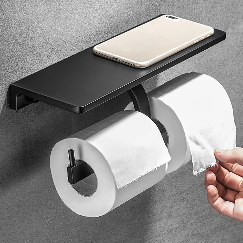 Держатель туалетной бумаги ROVOGO матовый черный с двумя рулонами и полкой для
