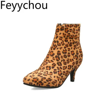 

Women's Boots Autumn Winter High Heel Warm Zip Pointed Toe Ankle Plush Mixed-colors Leopard Flock 2019 New Sexy Fashion White