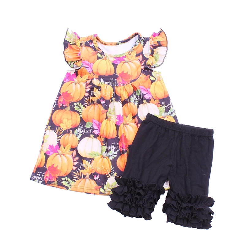 

Thanksgiving Girls Fashion Clothes Set Nice Pumpkin Pattern Outfits For Girls Solid Icing Toddler Short Sets Kids Festival Wear