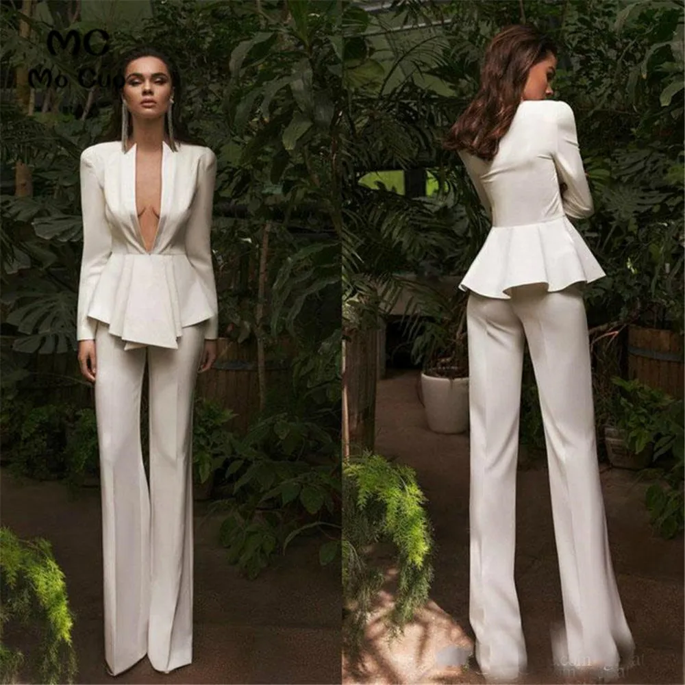 Chic 2020 Women Suits Evening Dresses Sexy Deep V Neck Long Sleeve Pant Suits Prom Gowns Party Wear (1)