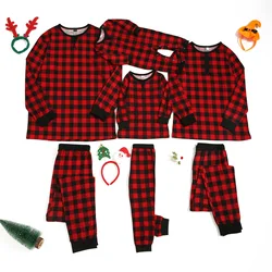 Conjunto de pijama xadrez preto e vermelho, de manga longa, para família, com gola redonda, solta, duas peças, roupa para família