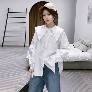 

WOMENGAGA 2020 Sprimg New Blouse Sailor Solid Single-breasted Long-sleeve Streetwear Fashion Loose Patchwork Drawstring A319