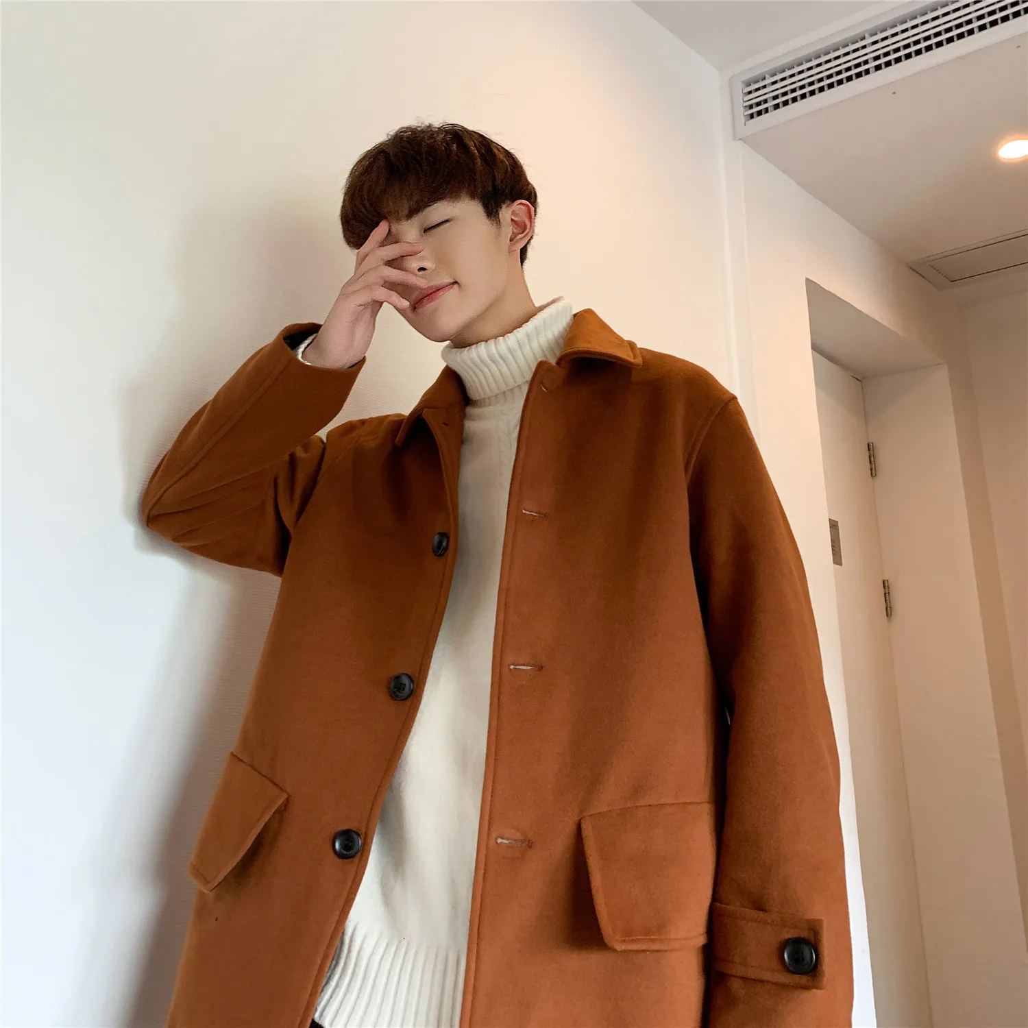 

2019 Men's Leisure Snow Jacket Solid Color Woollen Blends Overcoat Loose Cashmere Trench Black/brown Male Business Coats M-5XL