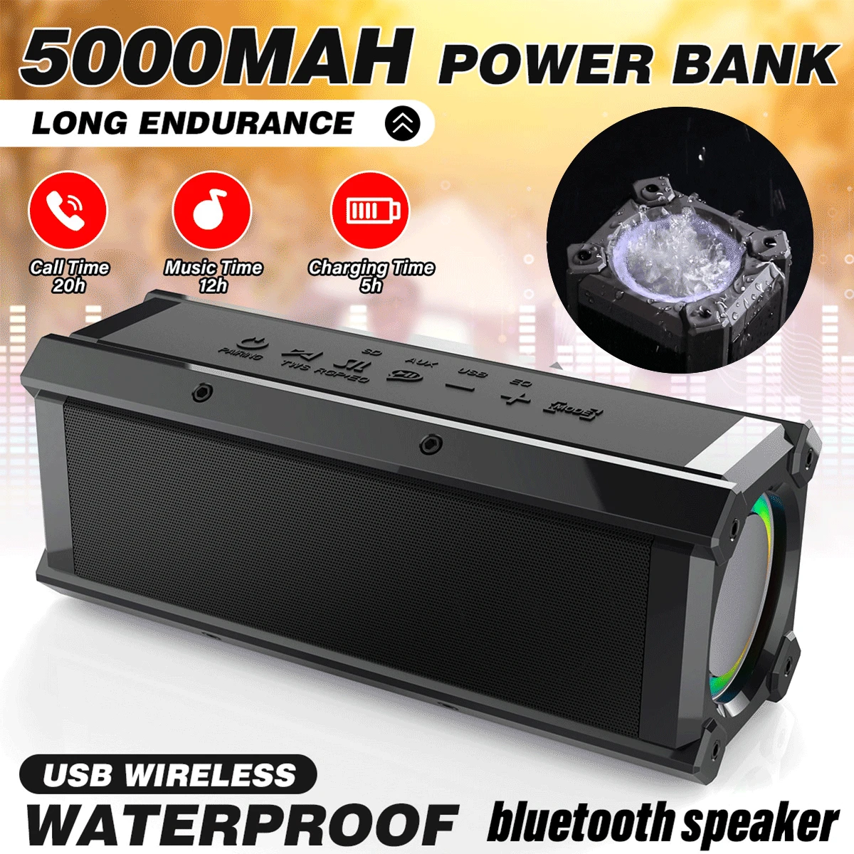 100W bluetooth Speaker Portable Speakers Quad Drivers Dual Diaphragm Deep Bass RGB Light TWS 5000mAh Outdoors Wireless | Электроника