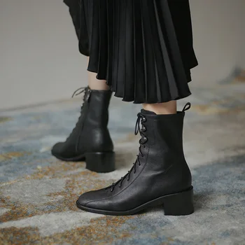 

Royesic Genuine Cow Leather boots mid heel women's shoes retro British style wild thick-heeled Martin boots Women's ankle boots