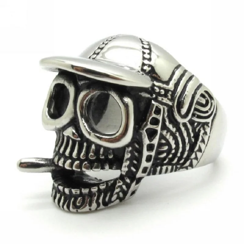 Hot-sale-New-Fashion-Men-s-Hat-Smoker-Cool-Skull-Silver-Ring-316L-Stainless-Steel-Jewelry