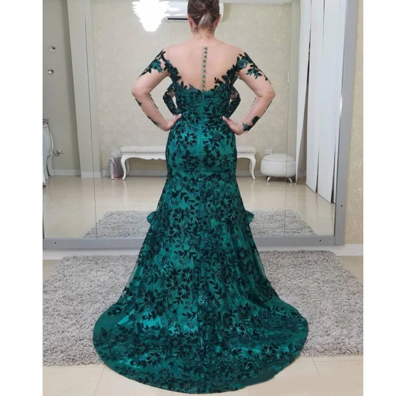 Темно-зеленый Воротник Sheer Jewel мать невесты жениха платья с длинным рукавом Иллюзия спинки с пуговицами Длинные Формальные вечерние P