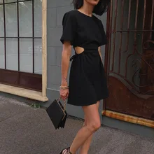 

2021 Summer Women Short Sleeve Hollow Out Round Neck Pleated Mini Dress