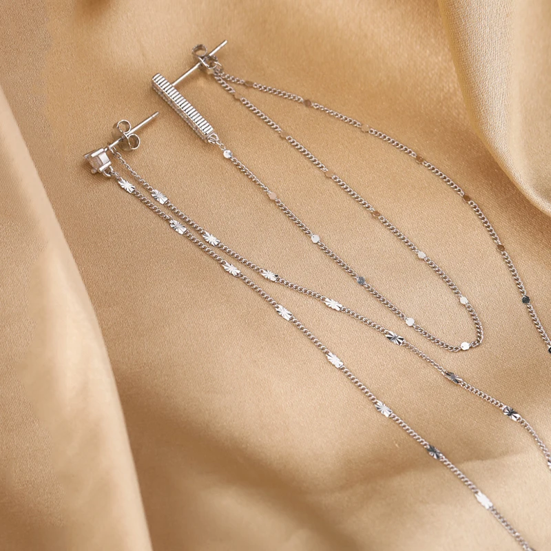 Minimalistischen 925 Sterling Silber Lange Kette Quaste Asymmetrische Ohrringe Trendy Zirkonia Strass Frauen Schmuck – Detail 5