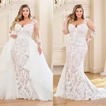 

Modest Plus Size Mermaid Wedding Dresses With Detachable Train Long Sleeve Full Lace Appliqued Bridal Dress V Neck Wedding Gowns