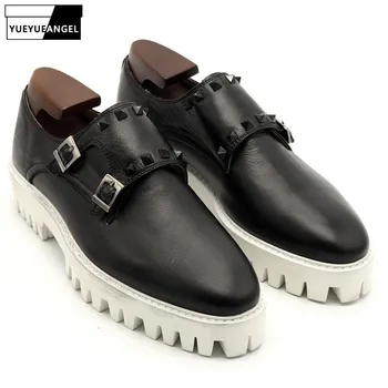 

Mens Buckle Monk Strap Shoes Handmade Thick Platform Runway Genuine Leather Casual Male Footwear Antiskid Rivet Slip On Loafers