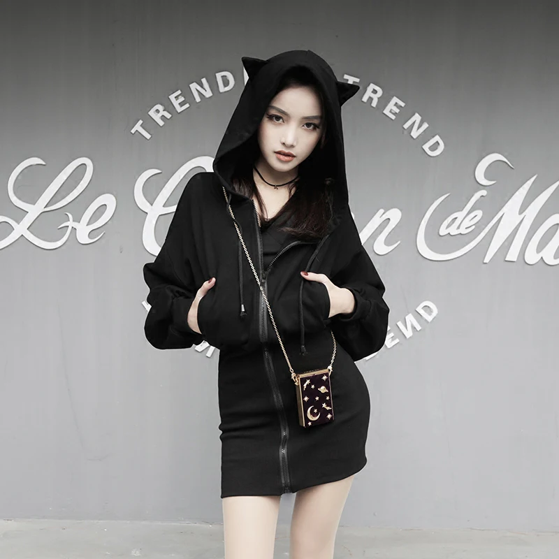  Pentagram Zipper Cute Cat Ears Moon Print Hoodie Long Sweatshirt Black Women Punk Gothic Hoody Ladi