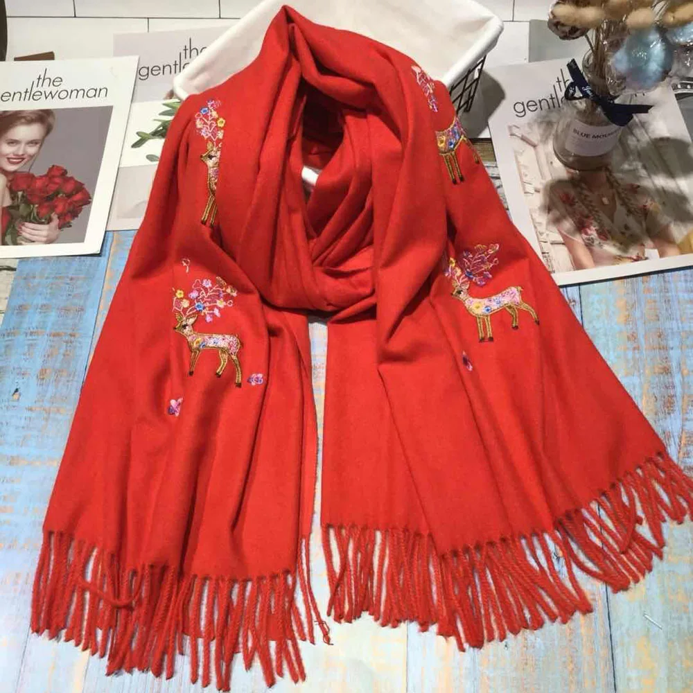 Роскошный брендовый зимний шарф для женщин, теплый кашемировый шарф с вышивкой оленя Sika, плотная шаль, покрывало, хиджаб, шарф, Рождественский шарф - Цвет: Colour 6