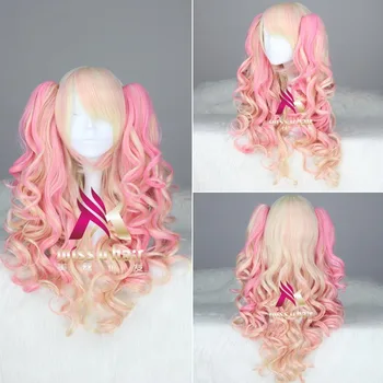 

new anime Long Wavy Wigs With Bangs Heat Resistant Synthetic Hair Linen Light pink Wig cosplay party Free Shipping+wig cap