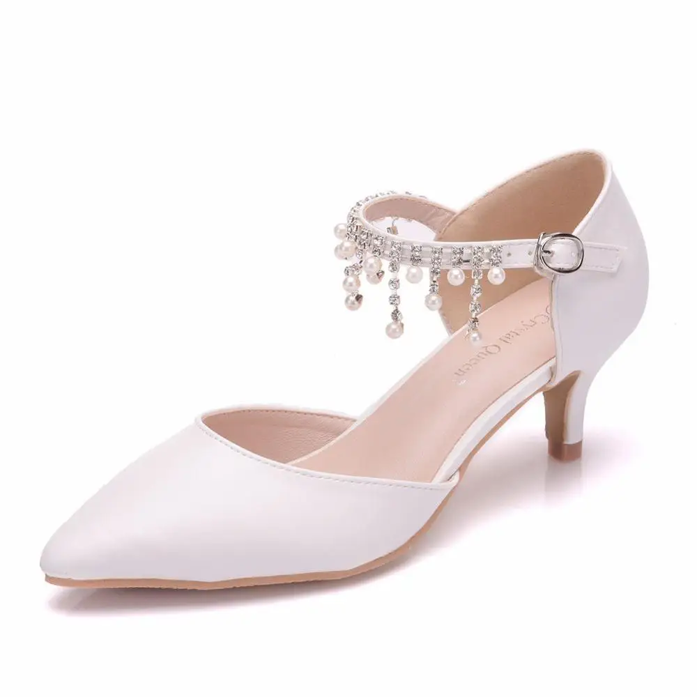 

Mary Jane Heels Shoes Women Summer Pointed Toe Pumps White Ankle Strap Pearl Med-Heels Female Wedding Shoes Ladies Heels Sandals