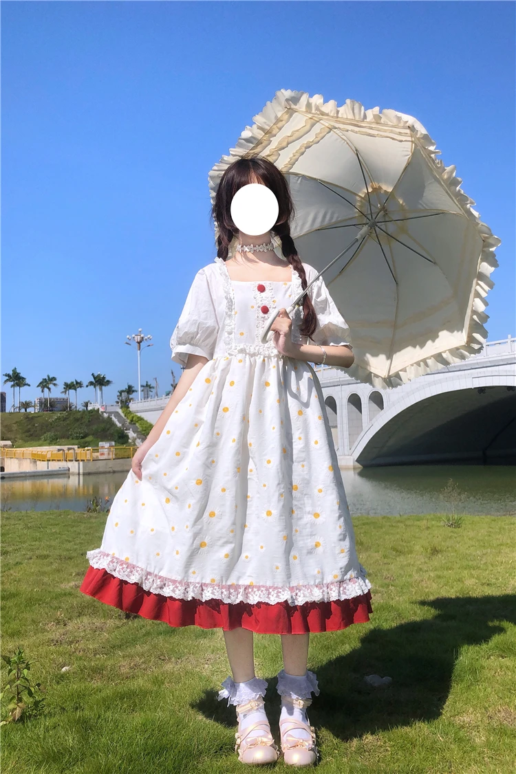 Japanese Summer Sweet Floral Dress Kawaii Lolita Style Square Collar Dress Vintage Puff Sleeve Cute Ruffles Mori Girl Dresses