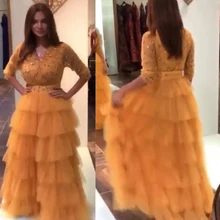 Оранжевые платья для выпускного вечера, с длинным рукавом, с бисером, с кристаллами, с v-образным вырезом, многоуровневые, с рюшами, тюлевые вечерние платья, торжественное платье
